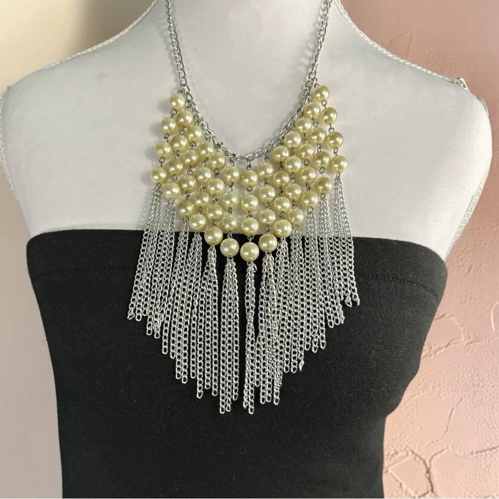 Pearl‎ Fringe Statement Necklace Silver Tone Bib Necklace Boho Glam Jewelry